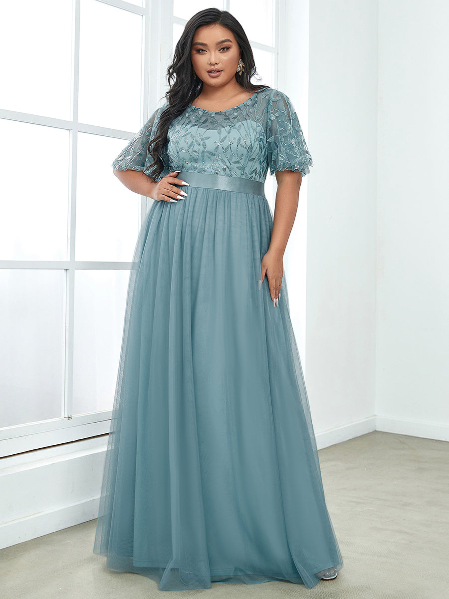 Shimmering Evening Gown with Ruffle Sleeves and Belt Detail