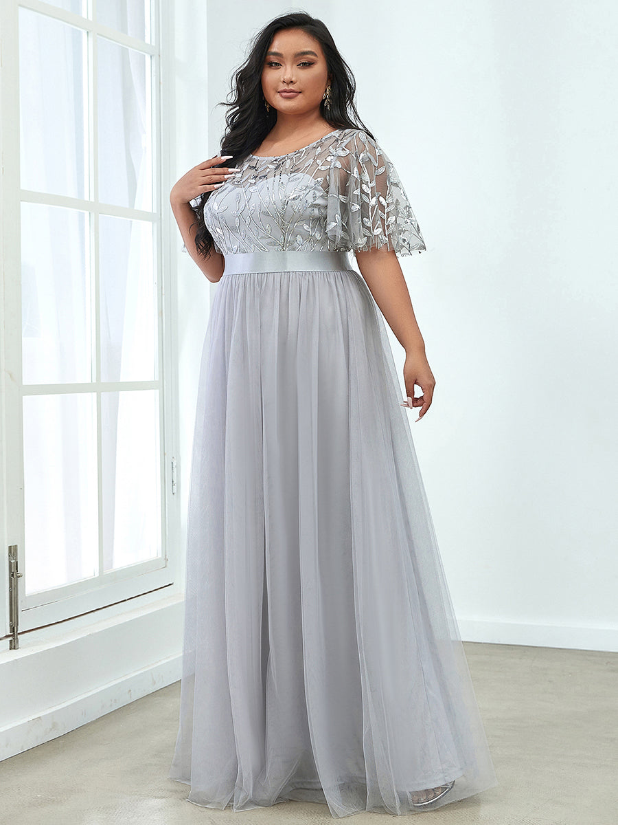 Shimmering Evening Gown with Ruffle Sleeves and Belt Detail