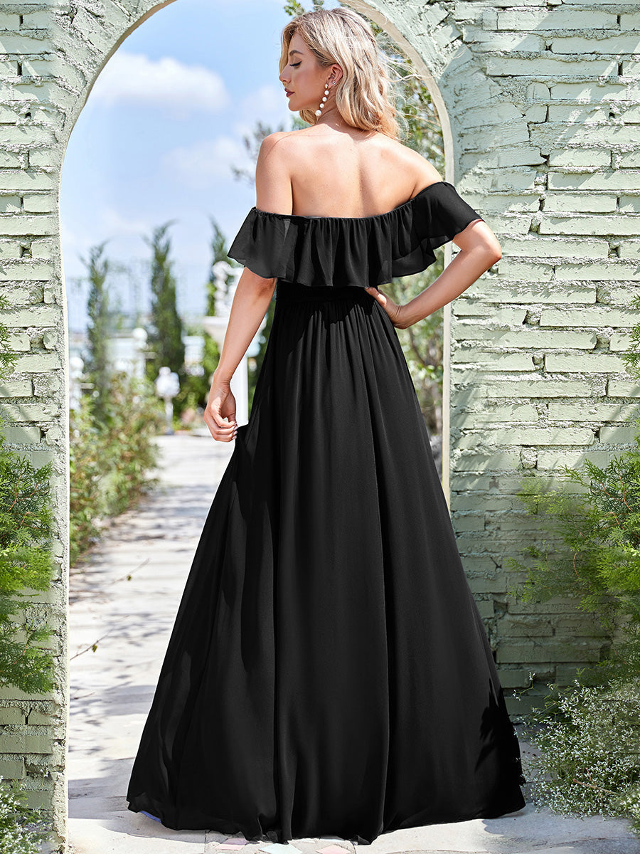 Off-Shoulder Ruffle Bridesmaid Gown with Thigh-High Split