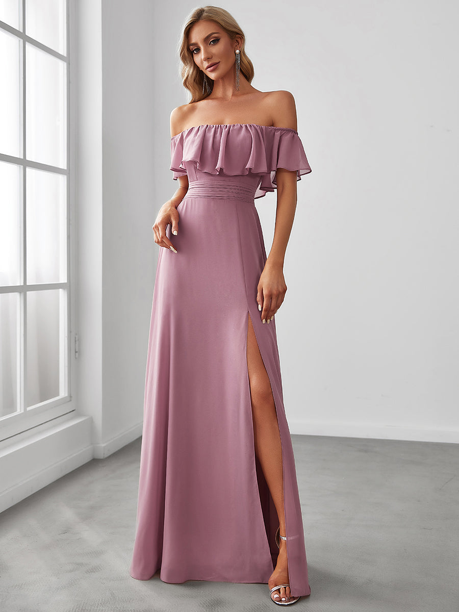 Off-Shoulder Ruffle Bridesmaid Gown with Thigh-High Split