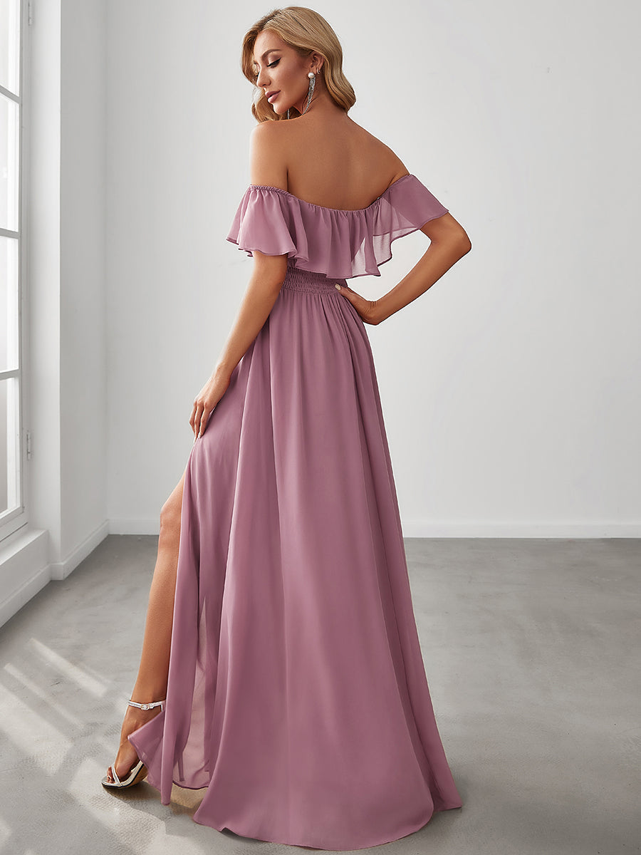 Off-Shoulder Ruffle Bridesmaid Gown with Thigh-High Split