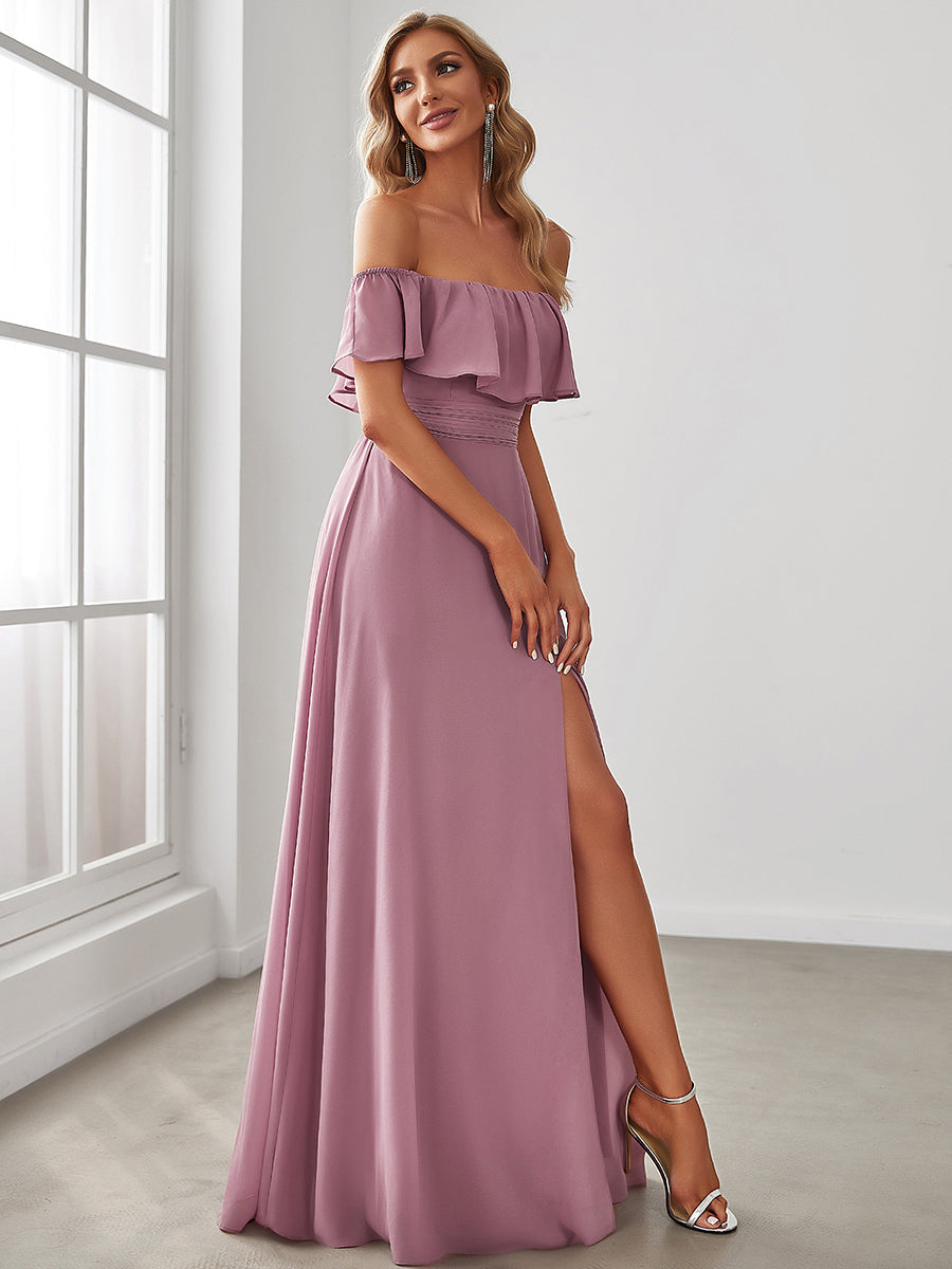 Off-Shoulder Ruffle Bridesmaid Gown with Thigh-High Split