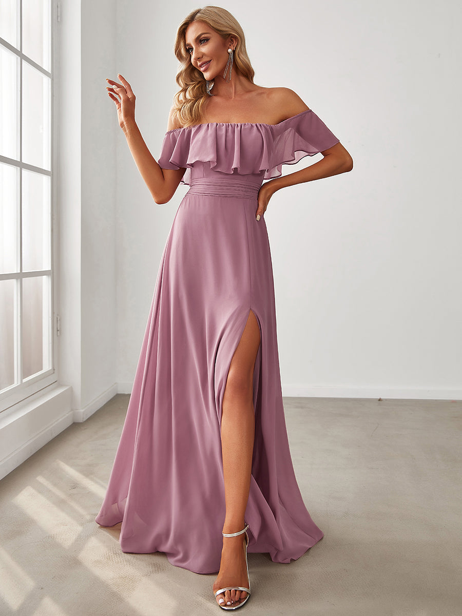 Off-Shoulder Ruffle Bridesmaid Gown with Thigh-High Split