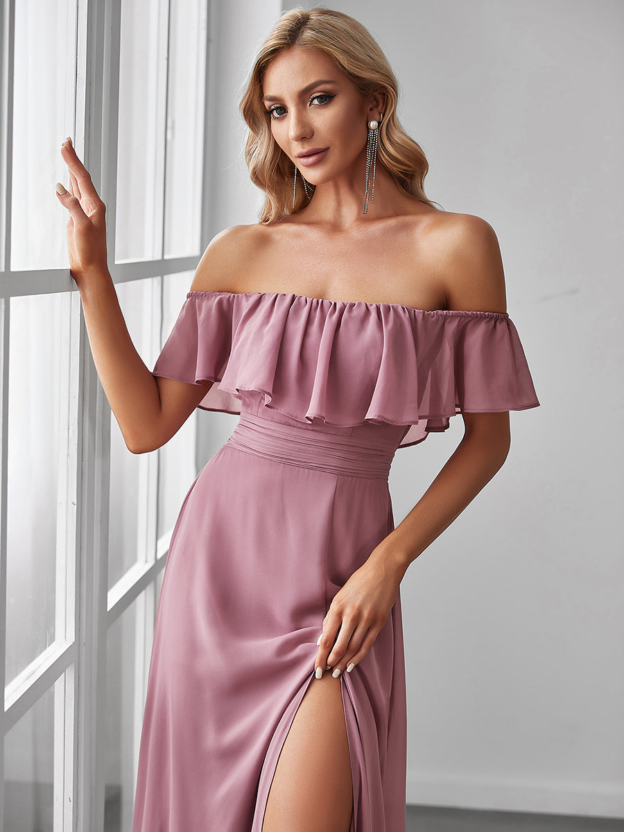 Off-Shoulder Ruffle Bridesmaid Gown with Thigh-High Split