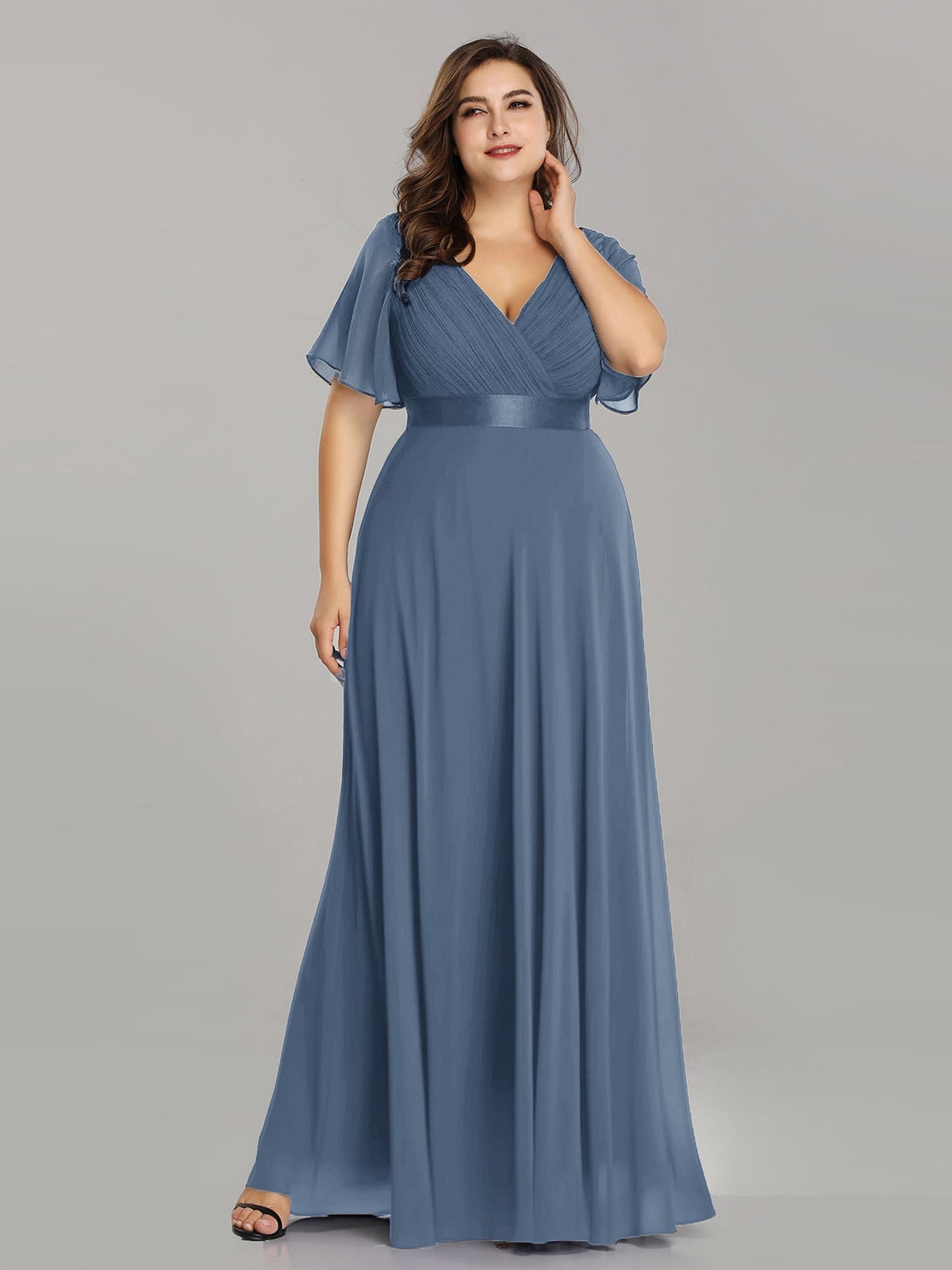 Ruffled Empire Waist Plus Size Evening Gown with V-Neck and Flutter Sleeves