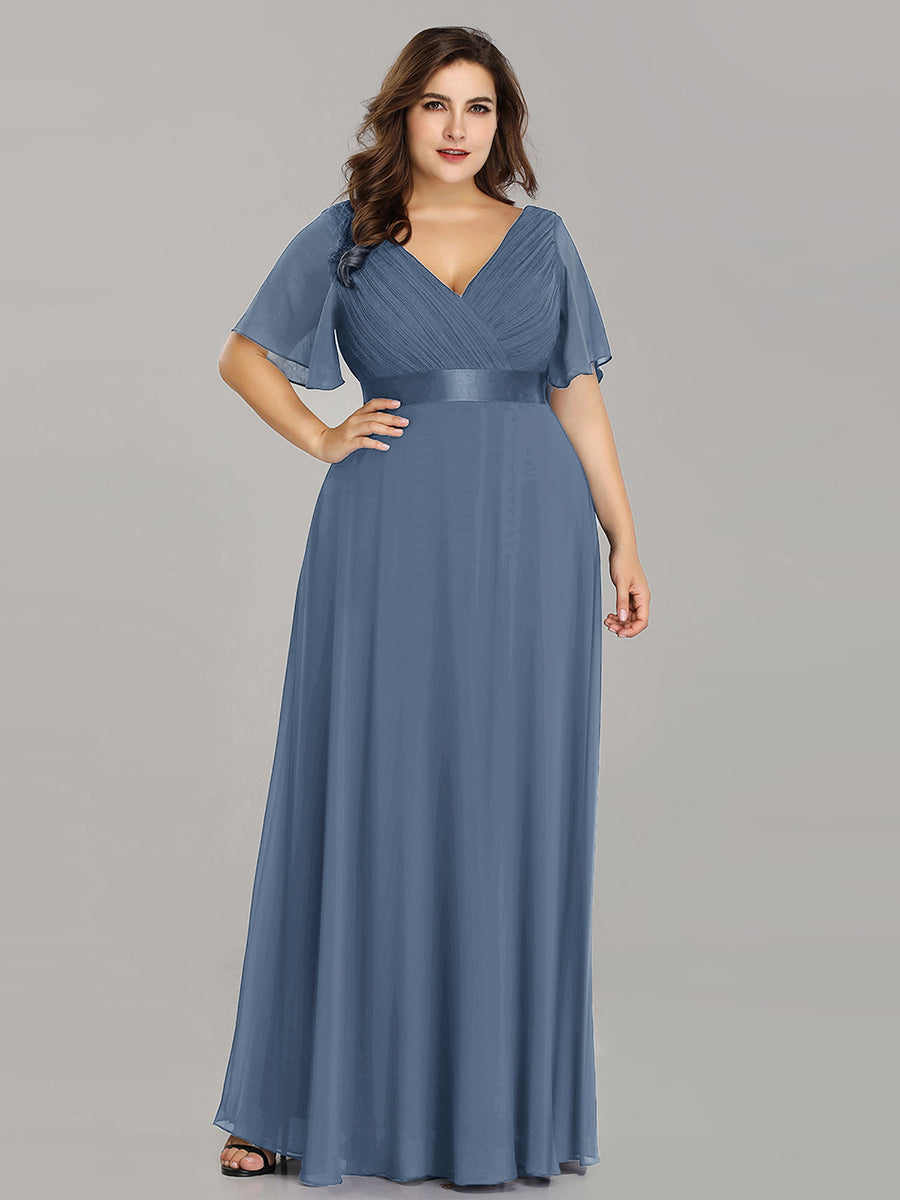 Ruffled Empire Waist Plus Size Evening Gown with V-Neck and Flutter Sleeves