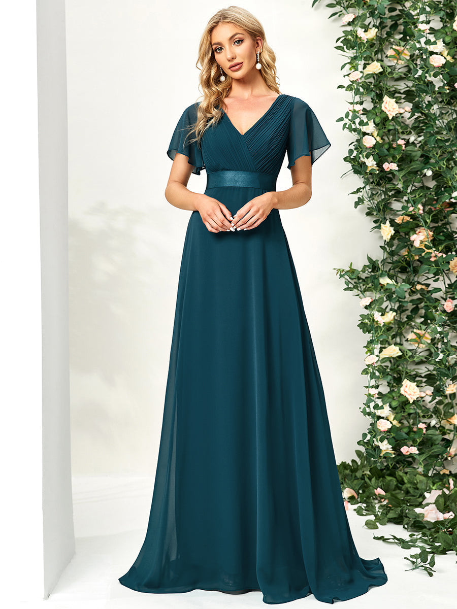 Elegant Chiffon Evening Dress with Double V-Neck and Ruffles