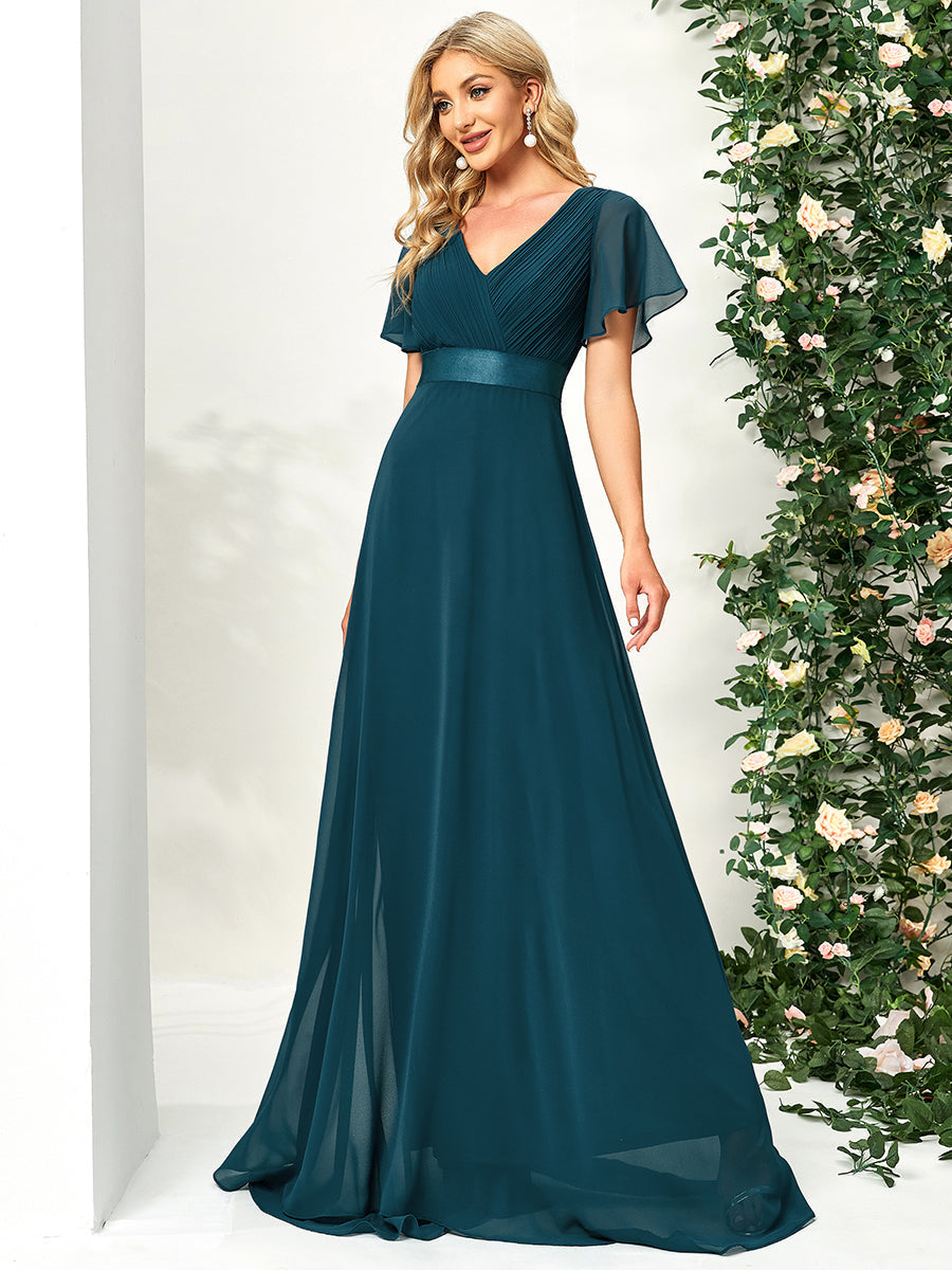 Elegant Chiffon Evening Dress with Double V-Neck and Ruffles