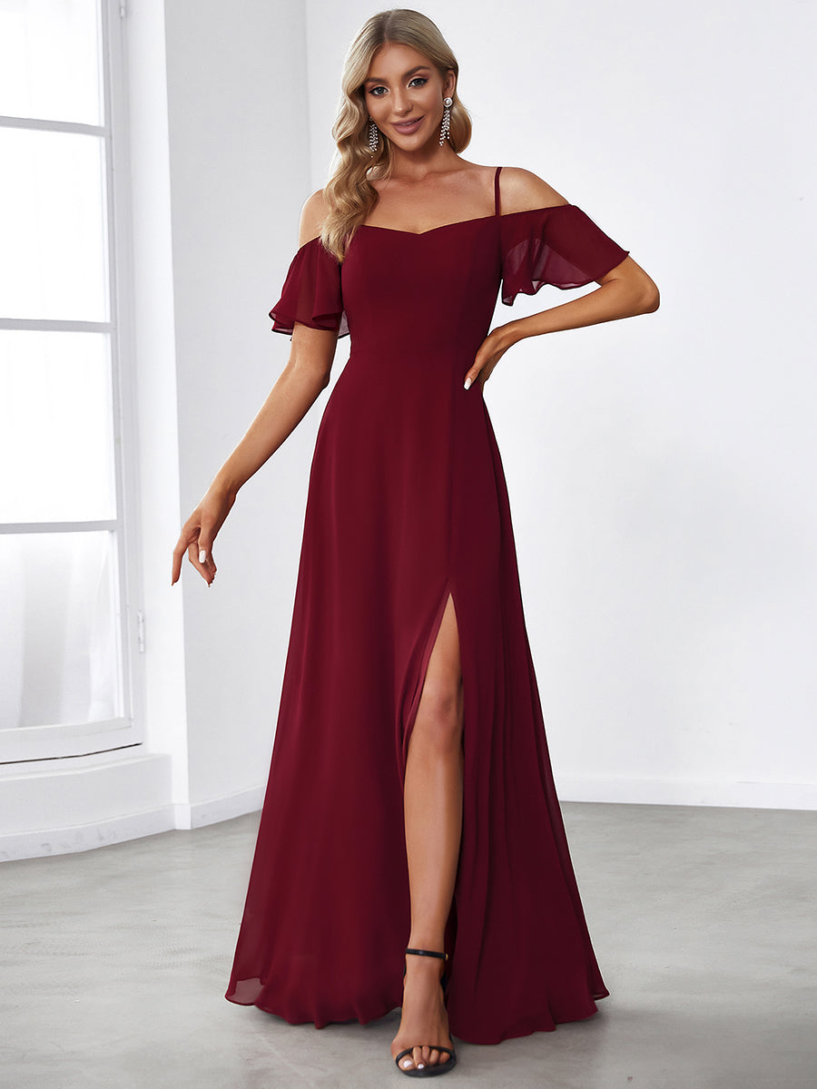 Flattering A-Line Deep V Neck Bridesmaid Gown with Stylish Flare Sleeves