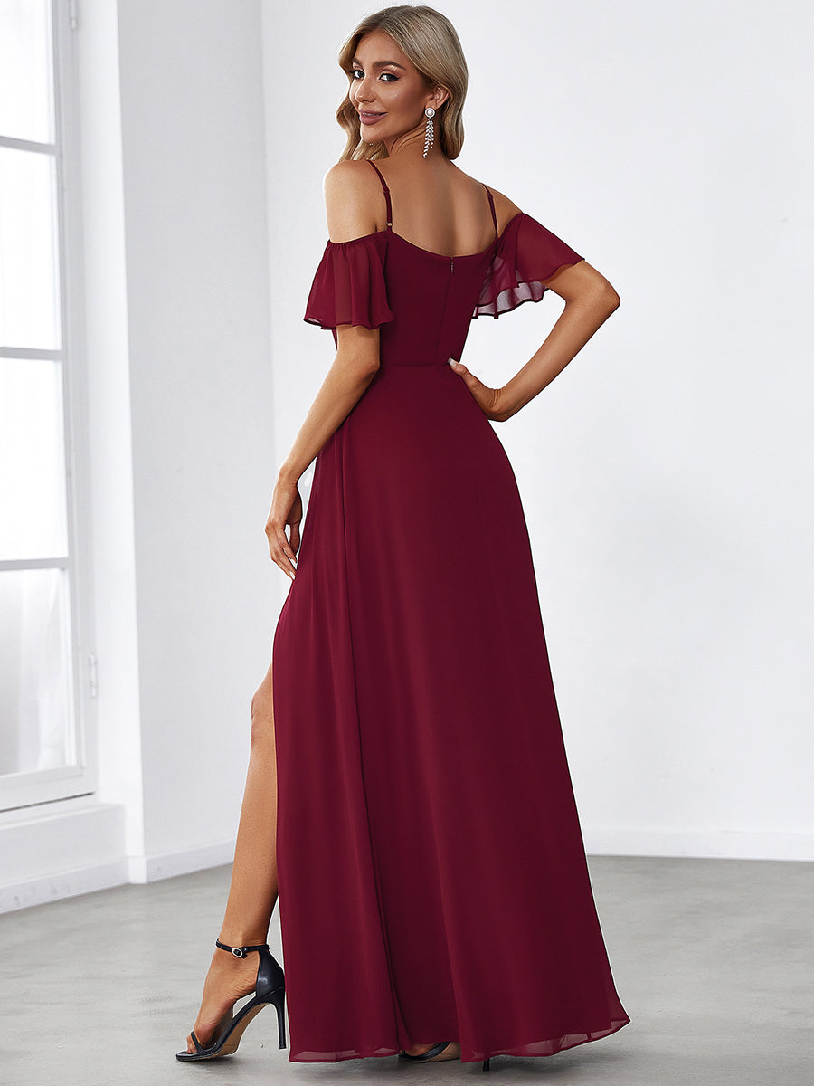 Flattering A-Line Deep V Neck Bridesmaid Gown with Stylish Flare Sleeves