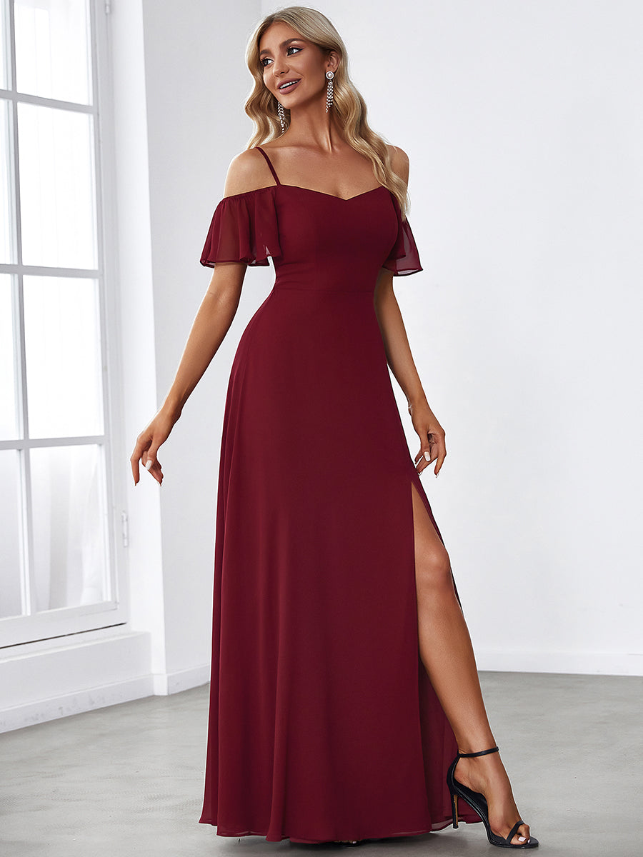 Flattering A-Line Deep V Neck Bridesmaid Gown with Stylish Flare Sleeves