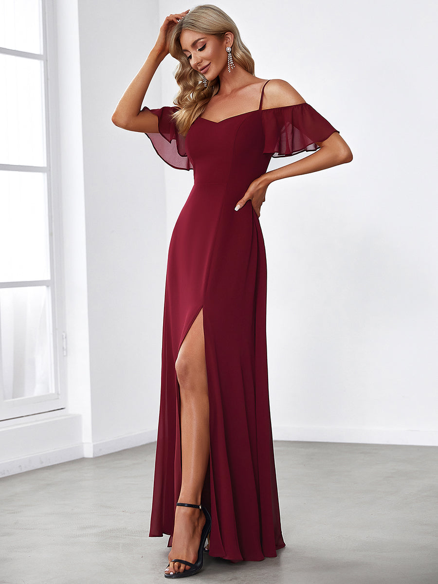 Flattering A-Line Deep V Neck Bridesmaid Gown with Stylish Flare Sleeves