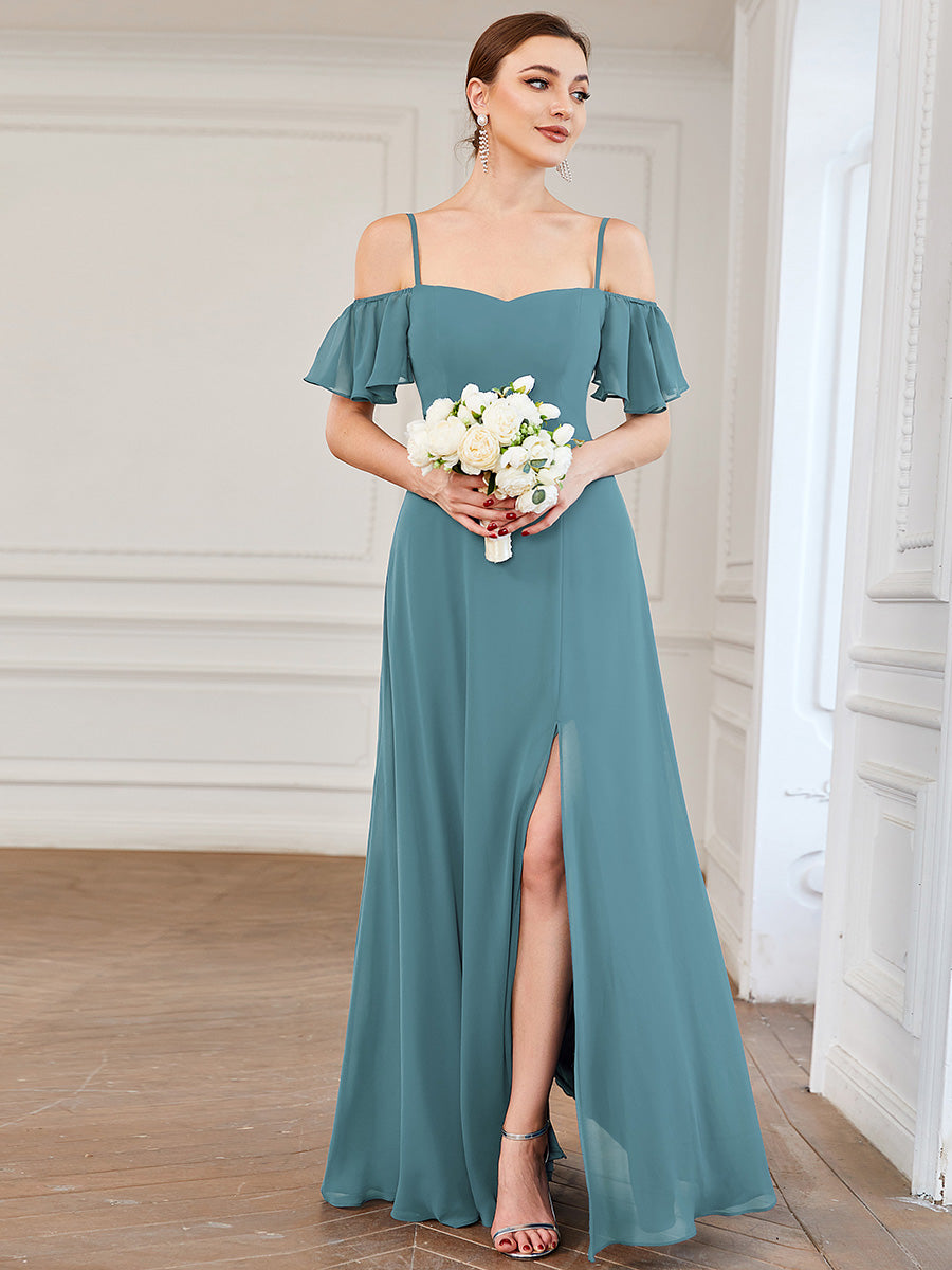 Flattering A-Line Deep V Neck Bridesmaid Gown with Stylish Flare Sleeves