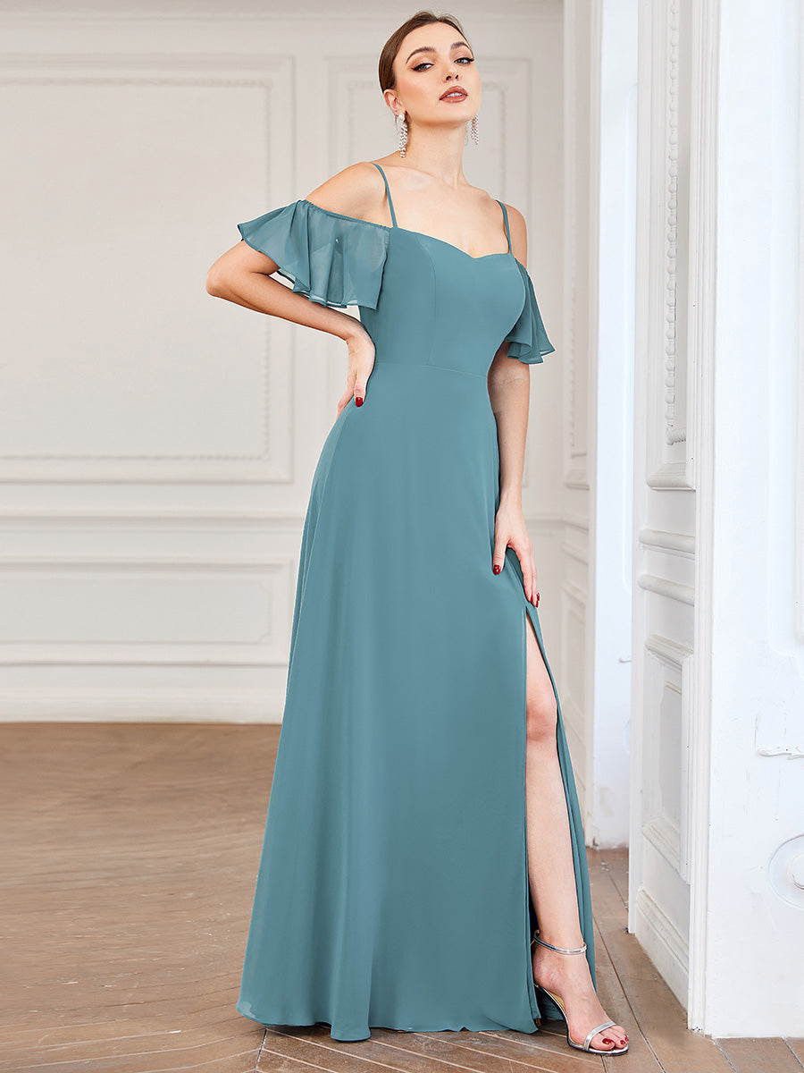 Flattering A-Line Deep V Neck Bridesmaid Gown with Stylish Flare Sleeves