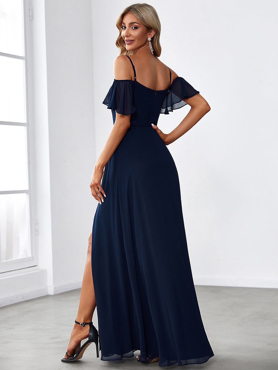 Flattering A-Line Deep V Neck Bridesmaid Gown with Stylish Flare Sleeves