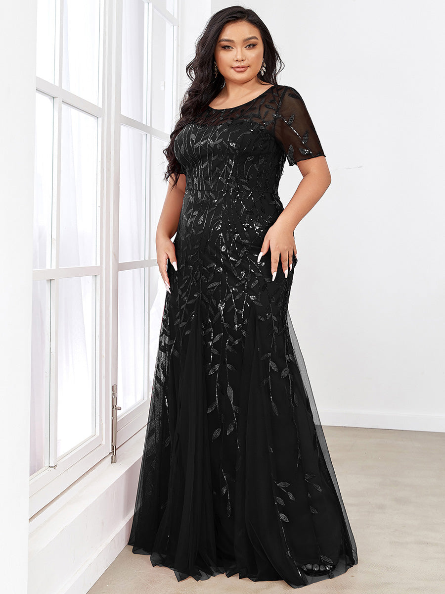 Elegant Plus Size Shimmery Sequin Fishtail Tulle Dress