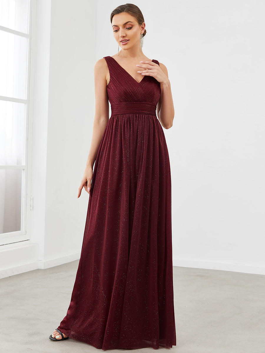 Sparkling Floor Length Evening Gown with Double V-Neck for Special Occasions