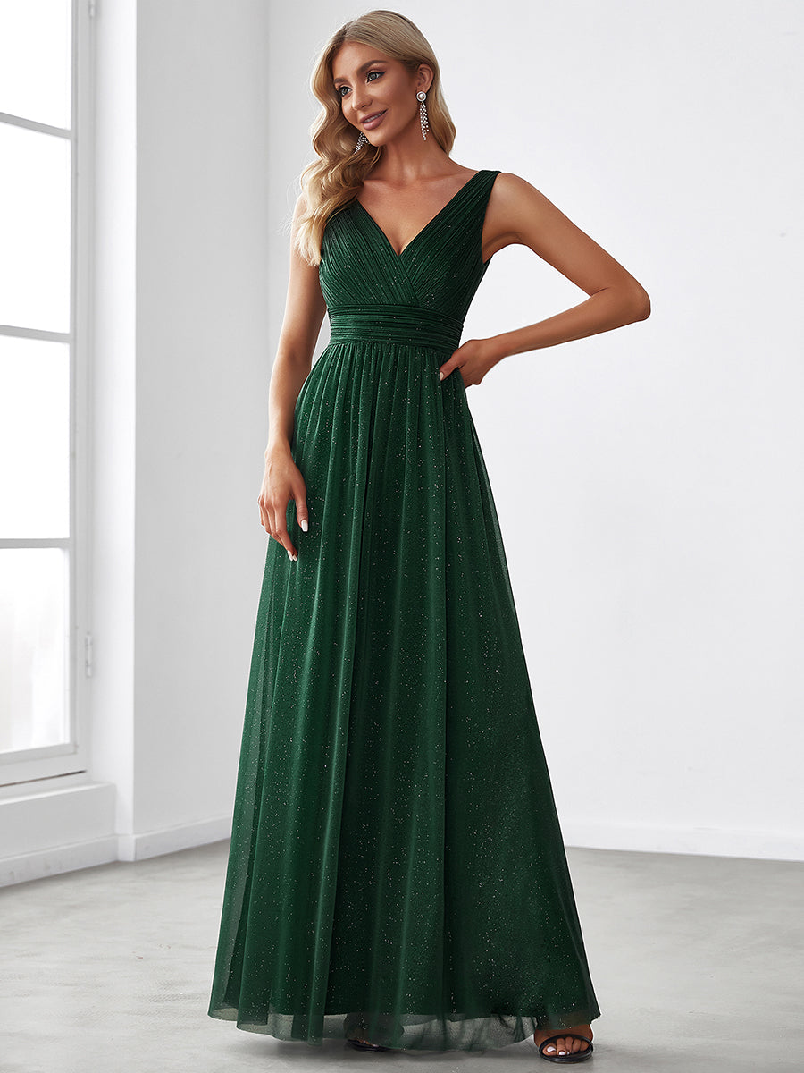 Sparkling Floor Length Evening Gown with Double V-Neck for Special Occasions